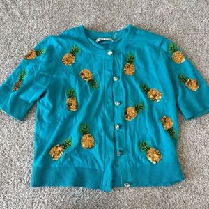 Alice + Olivia Brady Sequin Cardigan Womens Small Pineapple Crop Preppy Vacation